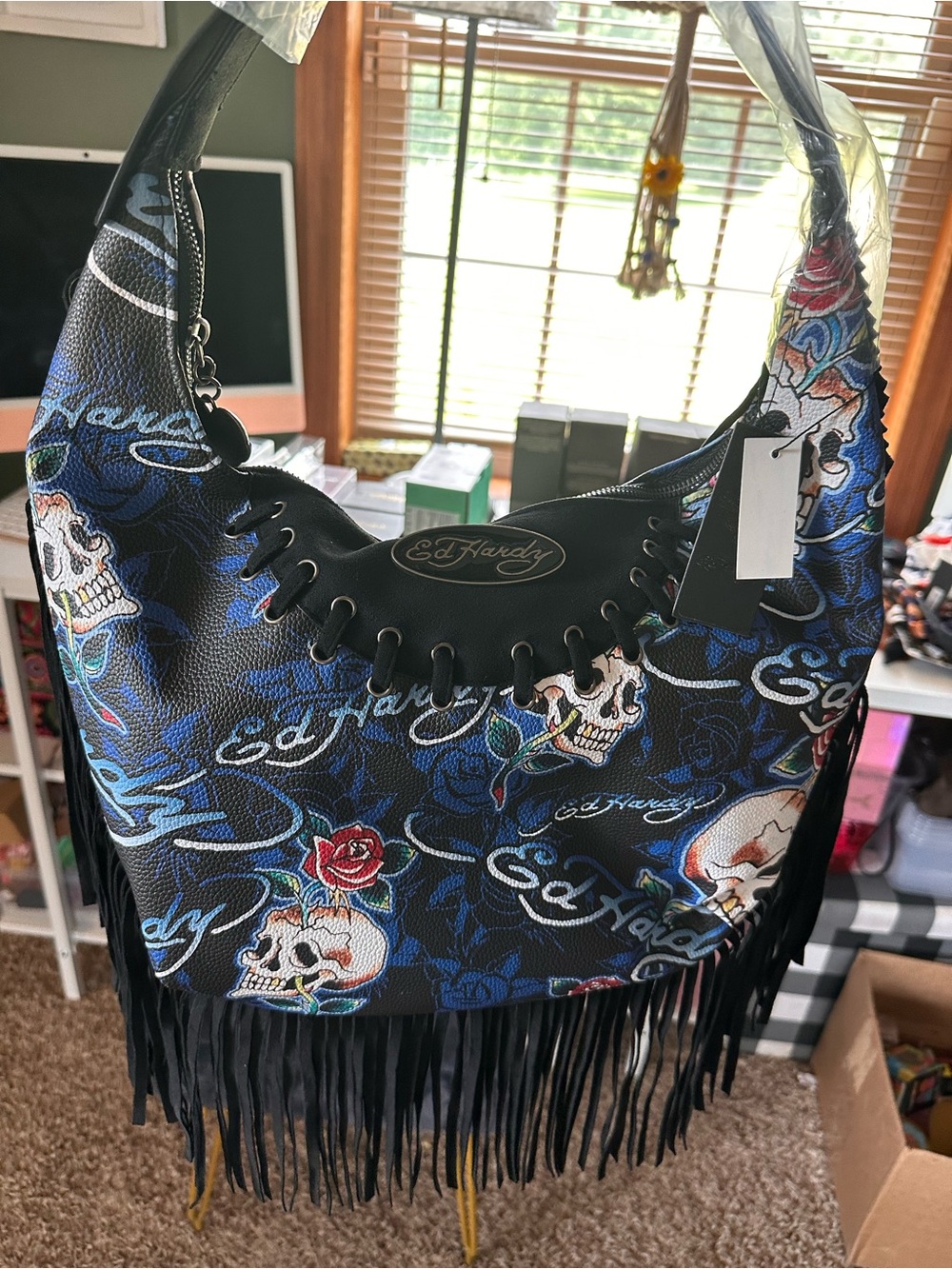 Ed Hardy Black Blue Skull & Rose Fringe Shoulder Bag